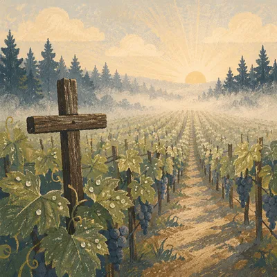 Morning Mist Vineyard Cross with Evergreen Horizon