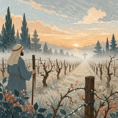 Misty Vineyard Rows with Wooden Cross