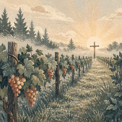 Morning Mist Vineyard Cross at Sunrise