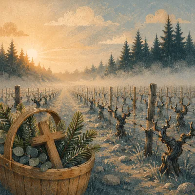 Misty Vineyard Dawn With Evergreen Cross