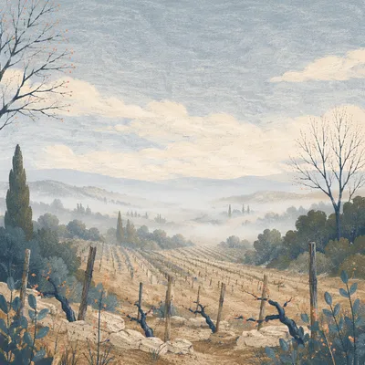 Morning Mist Over Evergreen Vineyard Rows