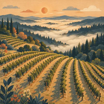 Morning Mist Over Evergreen Vineyard Rows
