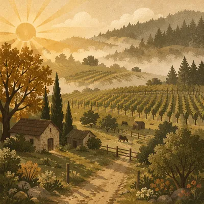 Misty Vineyard Rows at Golden Dawn