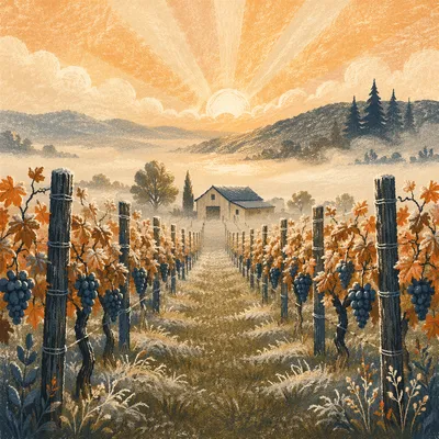 Misty Vineyard Rows at Golden Dawn