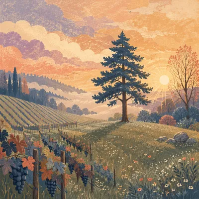 Morning Mist Vineyard With Evergreen Tree