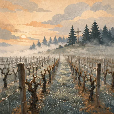 Morning Mist Vineyard Rows and Wooden Cross