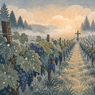 Morning Mist Vineyard with Wooden Cross