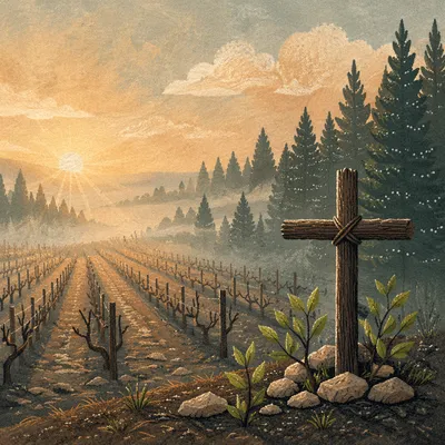 Misty Vineyard Cross at Golden Dawn
