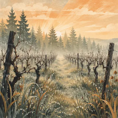 Misty Vineyard Rows With Evergreen Dawn