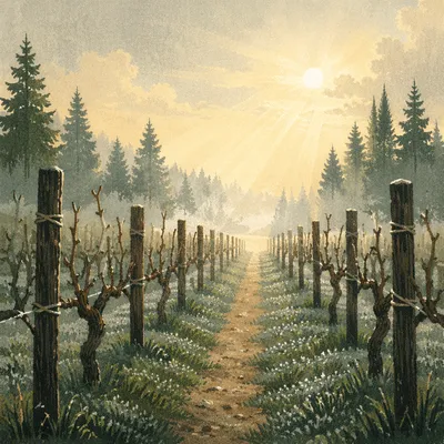 Morning Mist Over Evergreen Vineyard Rows