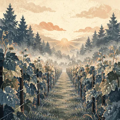 Misty Vineyard Rows at Sunrise