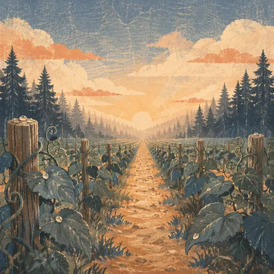 Misty Vineyard Rows at Evergreen Dawn