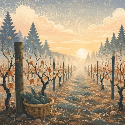 Misty Vineyard Rows with Evergreen Sprigs