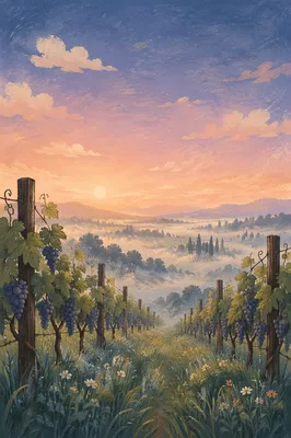 Morning Mist Over Evergreen Vineyard Rows