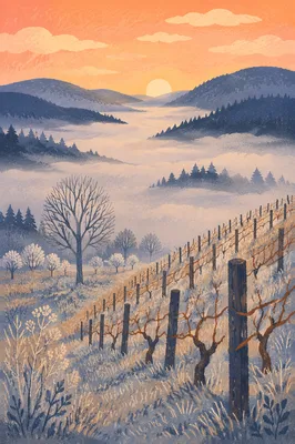 Misty Vineyard Rows at Winter Sunrise