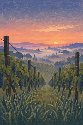 Morning Mist Over Evergreen Vineyard Rows