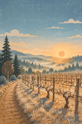 Misty Evergreen Vineyard Rows at Dawn