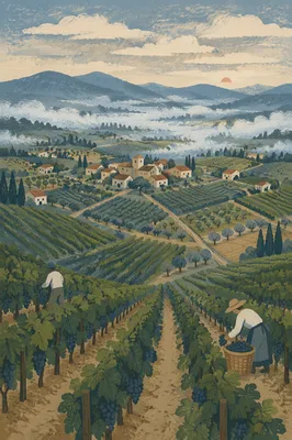 Misty Dawn Vineyard Rows Over Green Valley