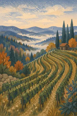 Morning Mist Over Evergreen Vineyard Rows