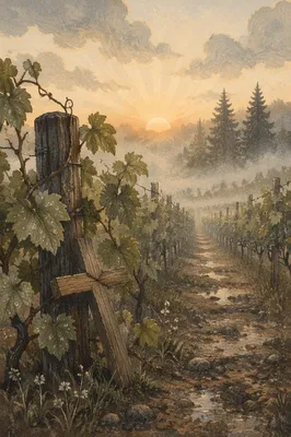 Misty Vineyard Rows with Wooden Cross