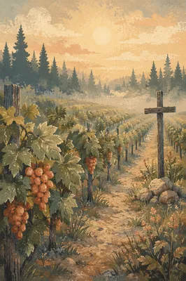 Misty Vineyard Rows with Evergreen Cross
