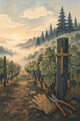 Morning Mist Vineyard with Wooden Cross