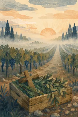 Morning Mist Vineyard with Wooden Cross