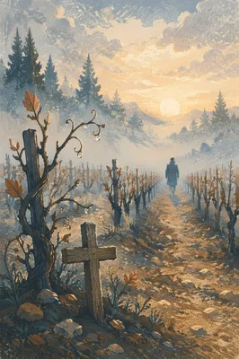 Morning Mist Vineyard With Wooden Cross