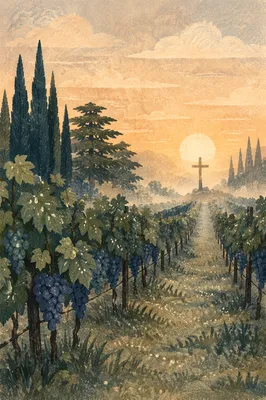 Morning Mist Vineyard Cross at Dawn