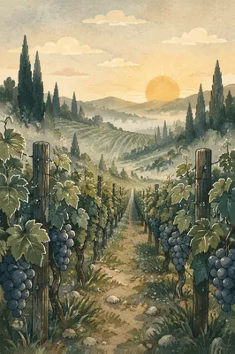 Morning Mist Vineyard Rows with Evergreens