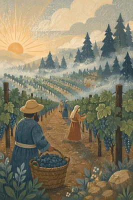 Morning Mist Over Evergreen Vineyard Rows