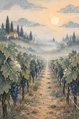 Morning Mist Vineyard Rows with Evergreens