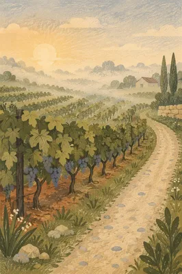 Misty Vineyard Rows at Evergreen Dawn