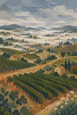 Morning Mist Over Evergreen Vineyard Rows