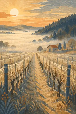 Sunrise Vineyard Rows in Morning Mist