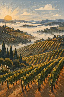 Evergreen Vineyard Rows in Morning Mist