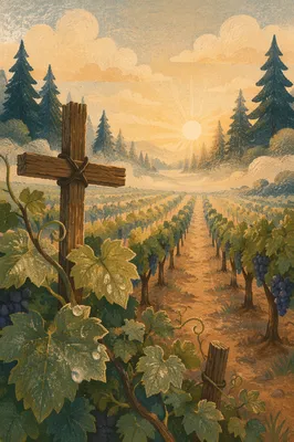Morning Mist Vineyard Cross at Dawn