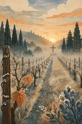 Misty Vineyard Rows with Wooden Cross