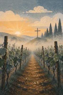 Misty Vineyard Cross at Morning Light
