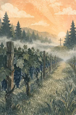 Morning Mist Vineyard Rows with Wooden Cross