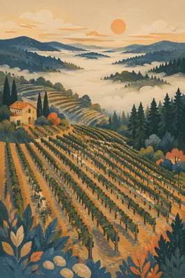 Morning Mist Over Evergreen Vineyard Rows