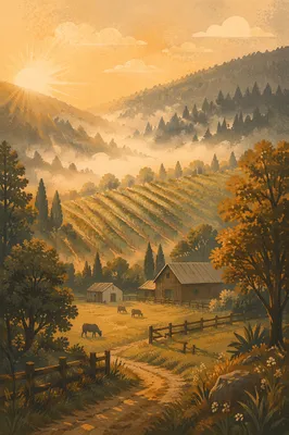 Misty Vineyard Rows at Golden Dawn