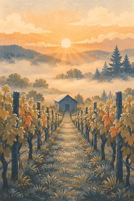 Misty Vineyard Rows at Golden Dawn