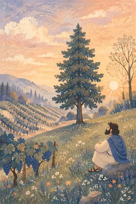 Morning Mist Vineyard with Evergreen Tree