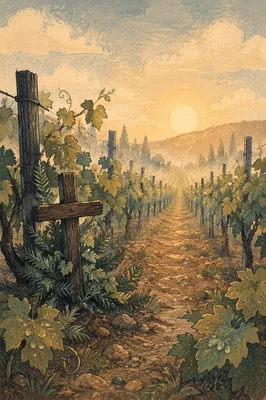 Misty Vineyard Rows With Evergreen Cross