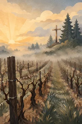Misty Vineyard Rows with Wooden Cross