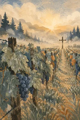 Misty Vineyard Rows with Wooden Cross