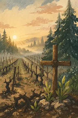 Morning Mist Vineyard Cross and Evergreen Hope
