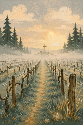 Misty Vineyard Rows with Quiet Wooden Cross