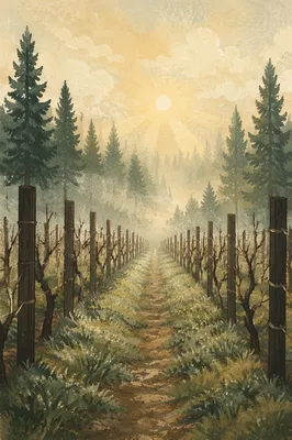 Morning Mist Vineyard with Evergreen Horizon